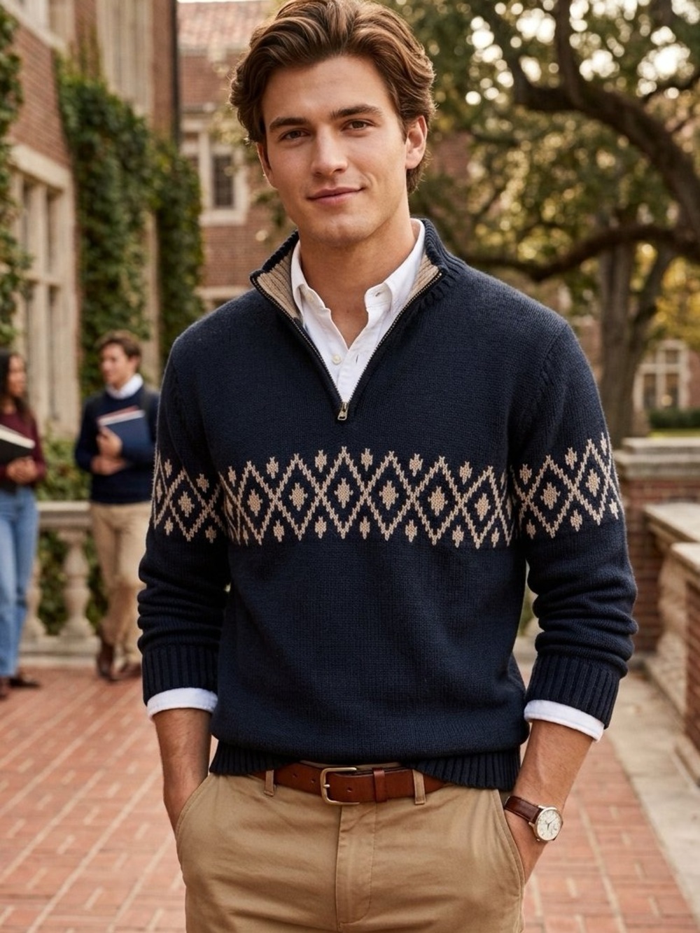 GAP Vintage Y2K XL Lambs Wool Navy Blue and Cream Fair‎ Isle Quarter Zip Sweater